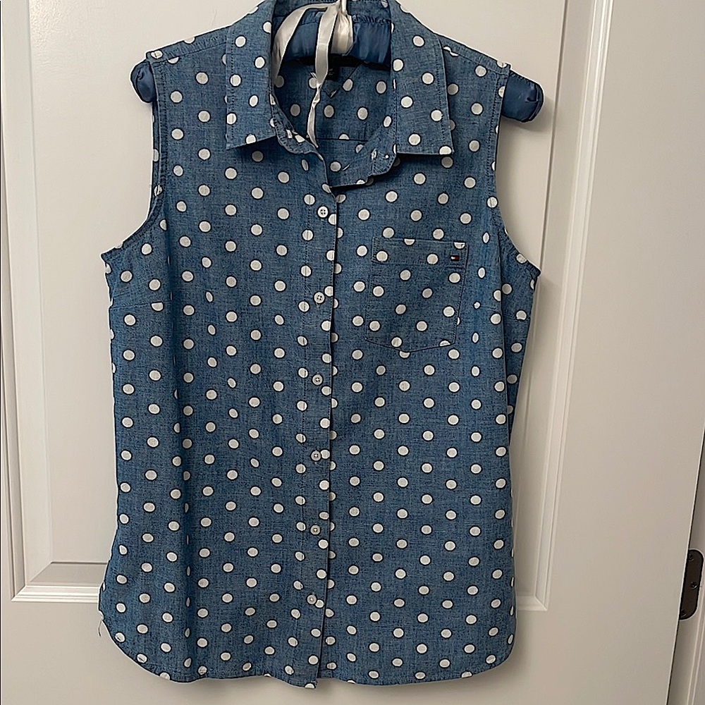 Tommy Hilfiger Polka Dot Sleeveless Denim Top/ cotton/ Button Down
